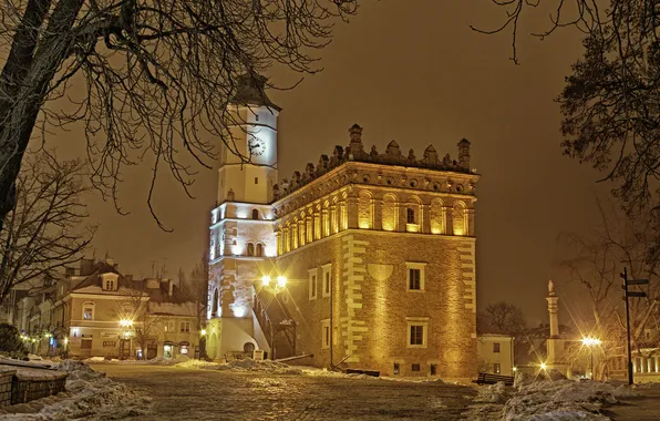 Картинка зима, снег, деревья, ночь, город, здания, дома, Польша