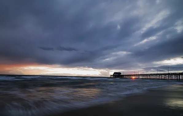 Море, мост, Newport Beach, Stormy Sunset