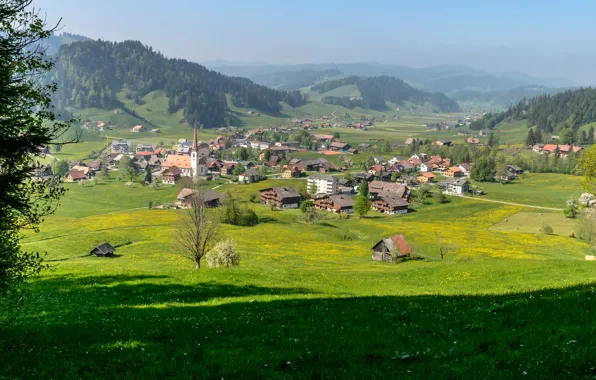 Природа, Дома, Горы, Город, Швейцария, Пейзаж