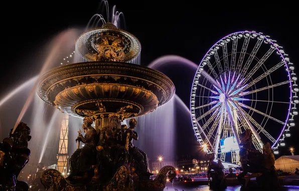 Ночь, огни, Франция, Париж, колесо обозрения, фонтан, Площадь Согласия