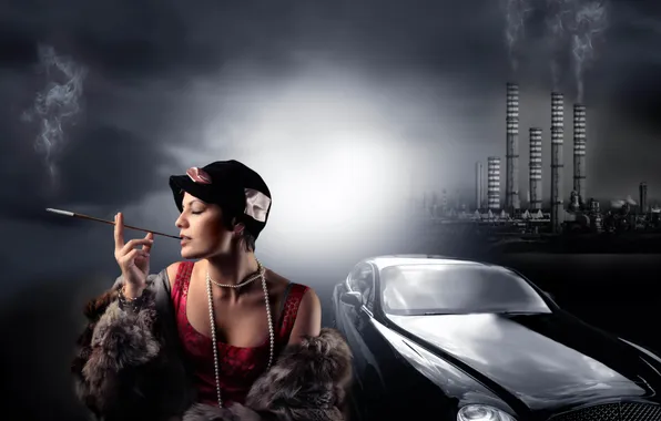 Картинка девушка, трубы, ретро, сигарета, бусы, шуба, мундштук, шляпка