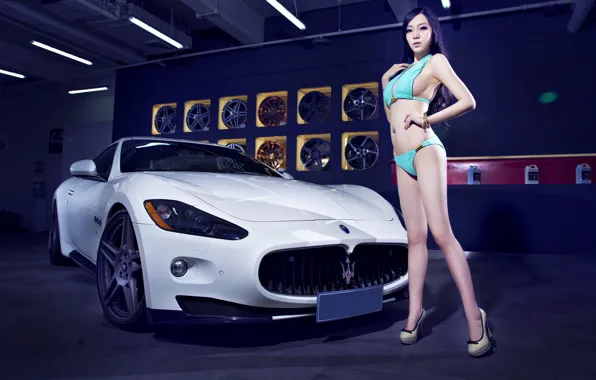 Взгляд, девушка, Maserati, азиатка, Эротика, белый авто
