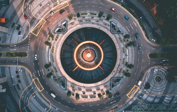 Картинка дорога, город, круг, Сингапур, архитектура, вид сверху