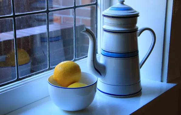 Картинка чайник, окно, натюрморт, лимоны, пиала
