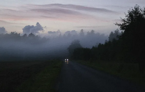 Картинка car, misty, road, morning, fog, sunrise, dawn, foggy