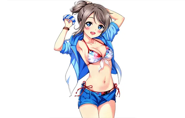 Girl, sexy, cleavage, shorts, brown hair, boobs, anime, blue eyes