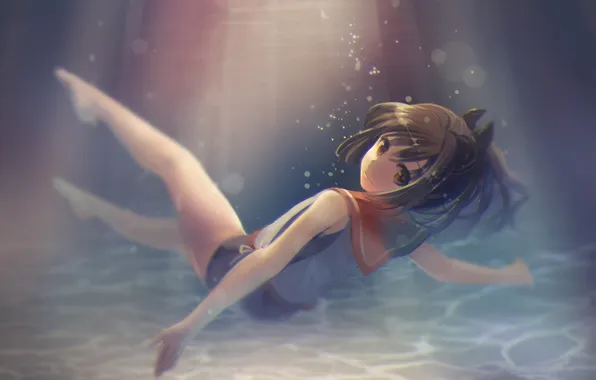 Девушка, улыбка, аниме, арт, форма, школьница, под водой, kantai collection