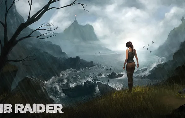 Картинка девушка, дождь, скалы, арт, Tomb Raider, Лара Крофт, Lara Croft