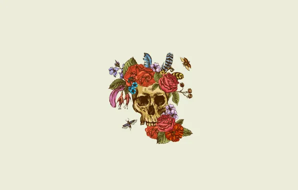 Картинка цветы, череп, пчёлы