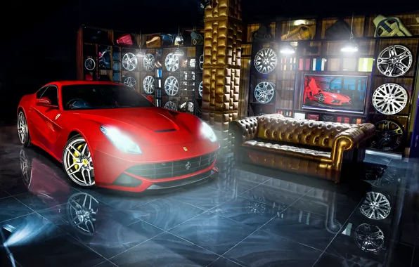 Картинка красный, отражение, диван, Ferrari, red, феррари, диски, Berlinetta
