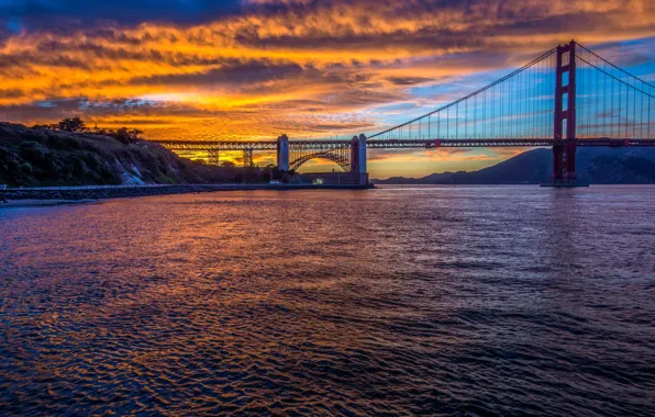Картинка мост, город, пролив, вечер, Калифорния, Сан-Франциско, Золотые Ворота, USA