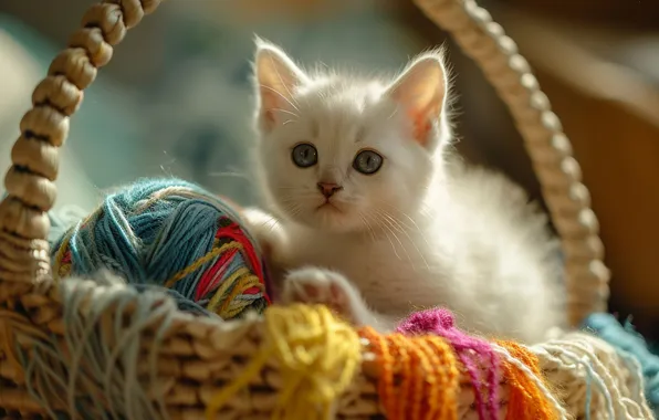 Кошка, белый, взгляд, свет, клубок, поза, котенок, нитки
