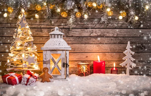 Картинка снег, ветки, елка, свечи, Рождество, человечек, фонарь, подарки