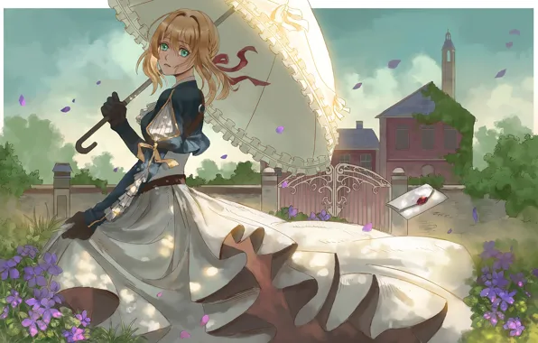 Взгляд, девушка, зонт, лепестки, Violet Evergarden