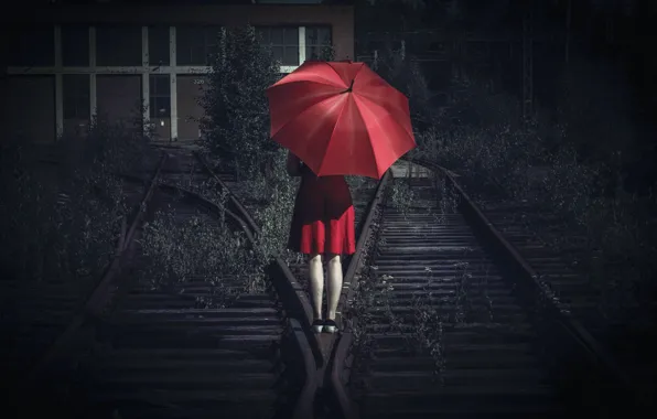 Картинка девушка, зонт, железная дорога