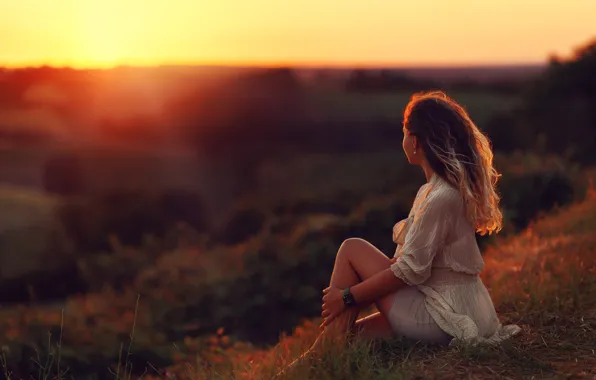 Картинка девушка, закат, природа, сидит