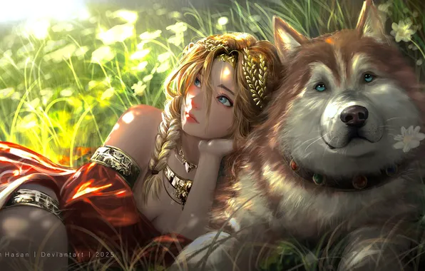 Картинка girl, fantasy, cleavage, dress, field, dog, blue eyes, flowers