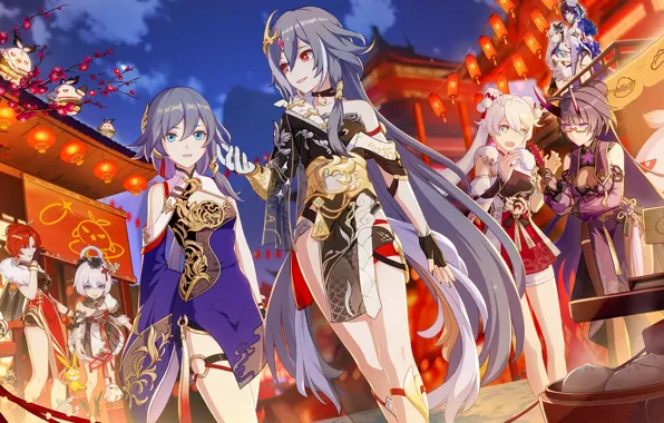 Облака, ночь, город, люди, аниме, аниме девушки, Honkai Impact 3rd, Райден Мэй