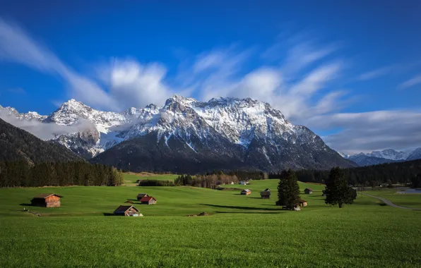 Картинка небо, трава, деревья, горы, дома, долина, Альпы