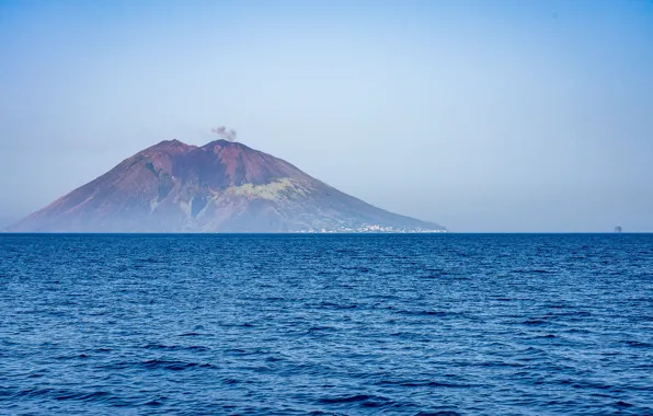 Море, небо, гора, вулкан, горизонт, Stromboli