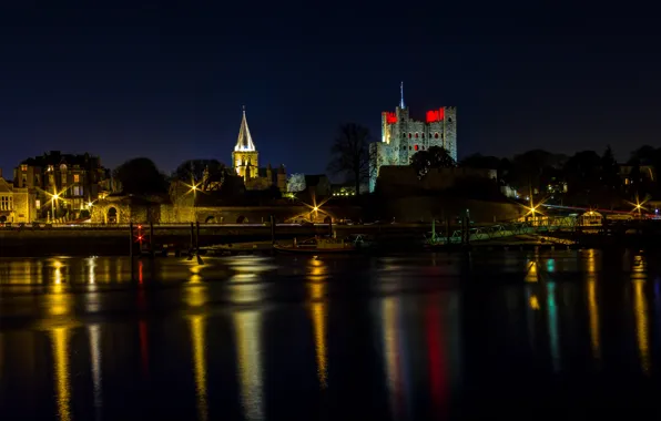 Картинка ночь, огни, река, замок, Англия, причал, набережная, Rochester