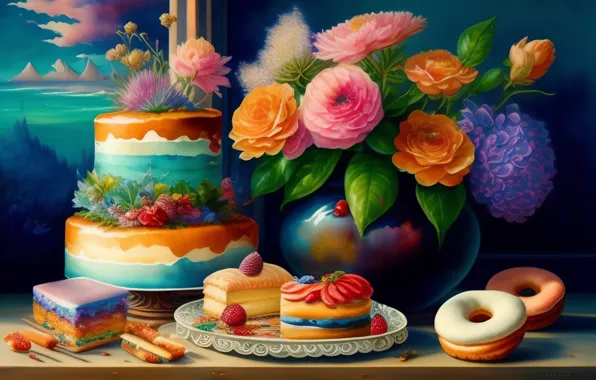 Цветы, стол, букет, печенье, арт, сладости, торт, ваза