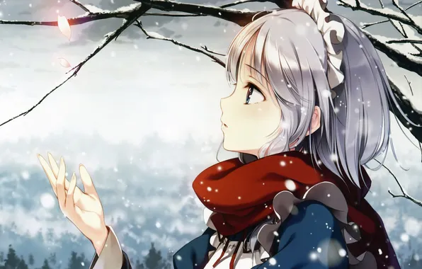 Картинка зима, девушка, снег, дерево, лепестки, шарф, арт, touhou