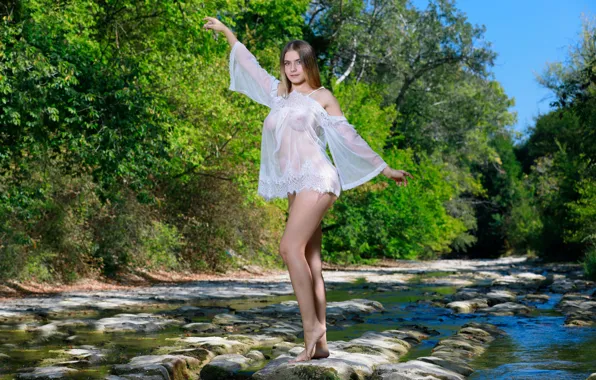 River, green eyes, hot girl, trees, brown hair, nature, nipples, boobs