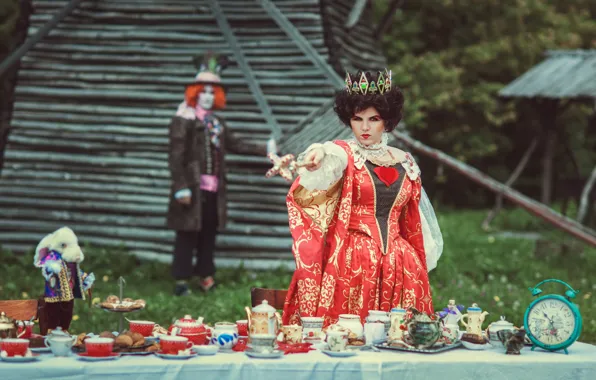 Взгляд, девушка, поза, стол, кролик, Алиса в стране чудес, королева, Безумный Шляпник