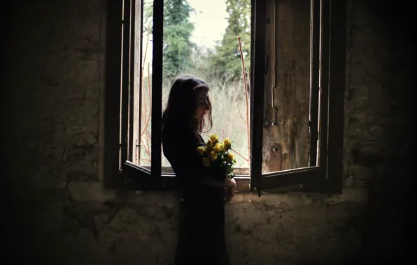 Картинка девушка, цветы, окно