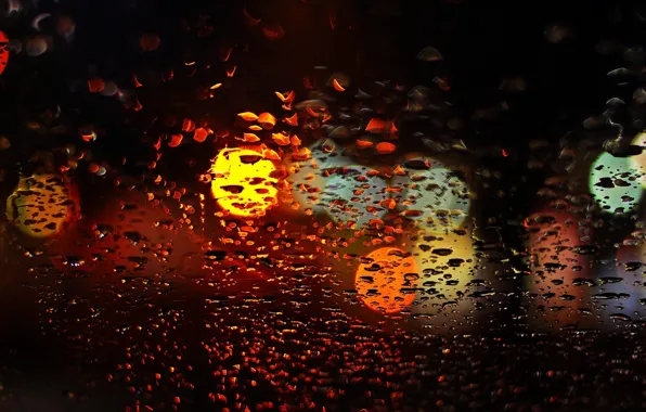 Картинка стекло, вода, капли, макро, огни, фон, дождь, widescreen
