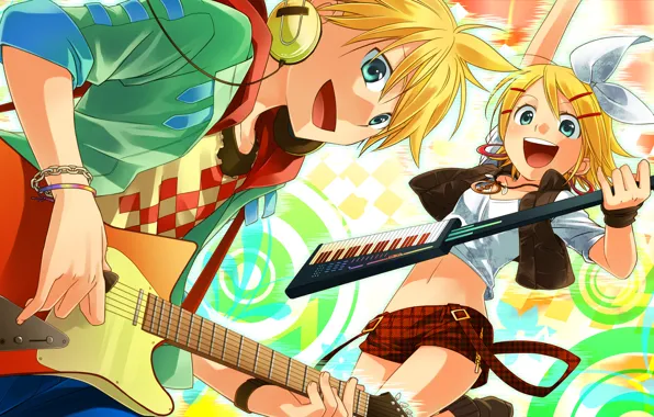 Девушка, наушники, парень, vocaloid, бантик, kagamine rin, вокалоид, kagamine len