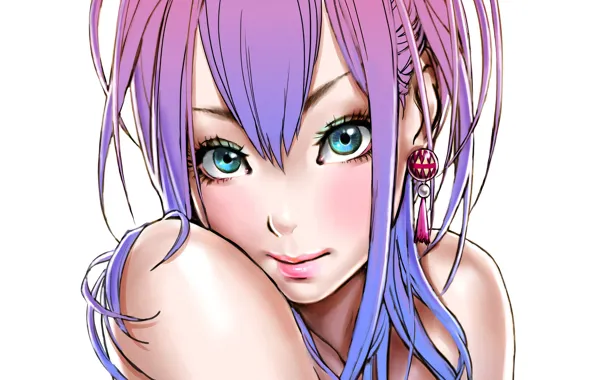 Картинка девушка, лицо, арт, белый фон, серьга, фиолетовые волосы, yamashita shun'ya