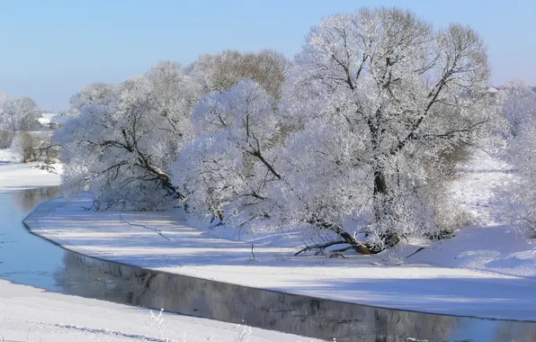 Картинка зима, иней, небо, снег, деревья, река