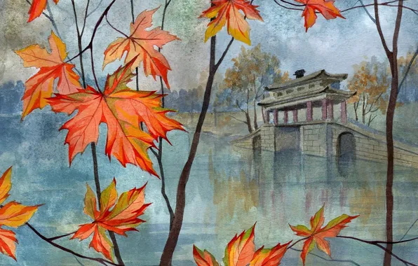 Картинка осень, листья, река