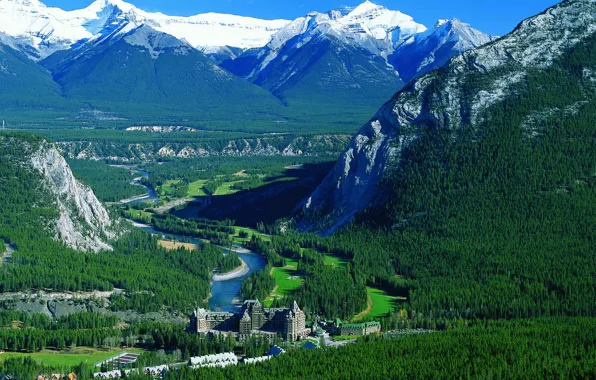 Лес, горы, река, Канада, отель, Canada, hotel, Banff national park