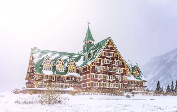Картинка зима, лес, снег, горы, здание, Дом, отель, гостиница