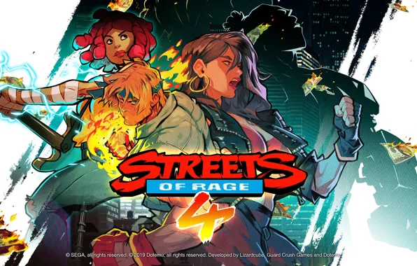 Фон, девушки, огонь, парень, персонажи, Streets of Rage 4
