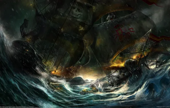 Картинка море, корабли, лодки, сражение, парусники, фрегаты, Artem Borisov