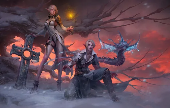 Картинка девушка, снег, закат, дерево, магия, эльф, монстр, крест