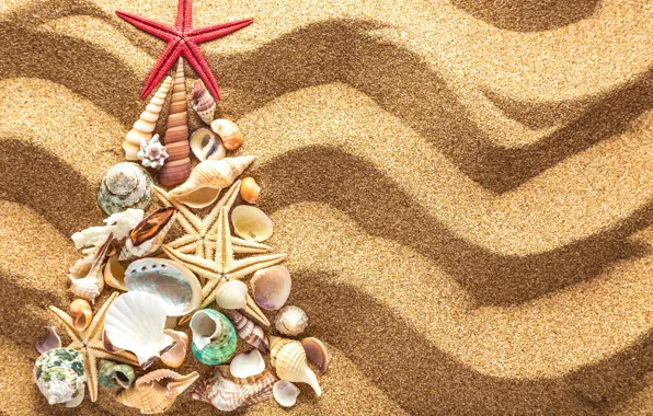 Картинка песок, украшения, елка, Новый Год, ракушки, Christmas, beach, tree