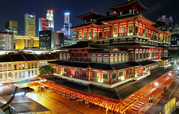 Ночь, огни, Сингапур, буддийский храм, музейный комплекс