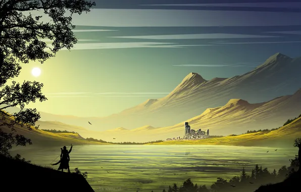 Картинка солнце, горы, замок, воин, водоём