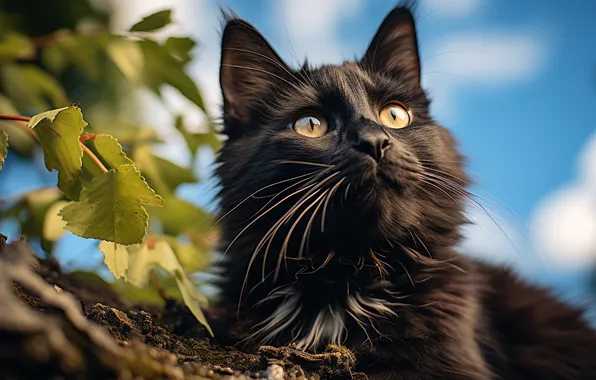 Кошка, небо, кот, взгляд, листья, ветки, поза, черный