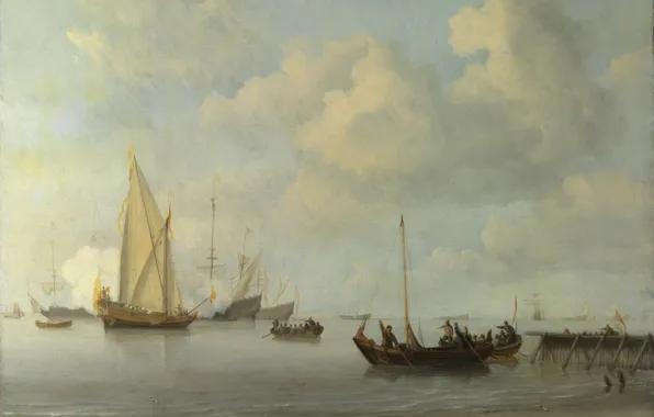 Корабль, картина, парус, морской пейзаж, Виллем ван де Велде Младший, Boats pulling out to a …