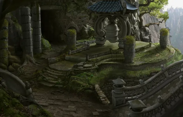 Картинка пейзаж, горы, мост, скалы, колонны, руины, World of Warcraft, заброшенность