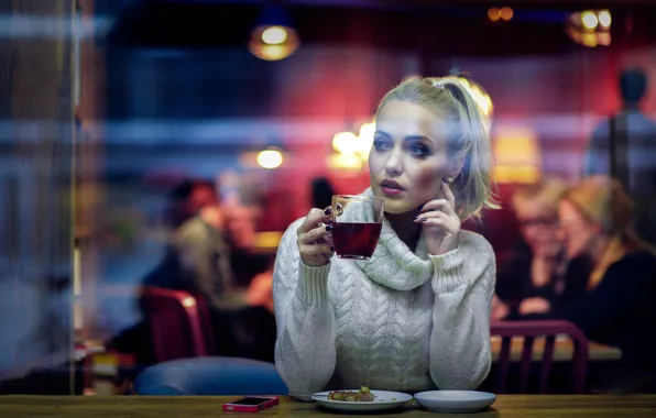 Картинка девушка, настроение, чай, кружка, кафе, свитер, Daniel Bidiuk