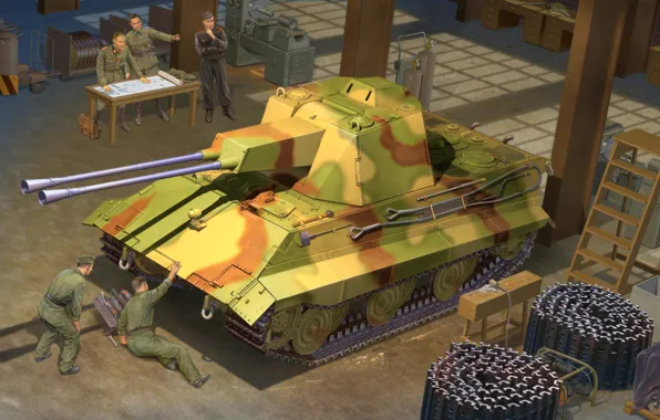 Картинка war, art, painting, tank, ww2, panzer, E-50 FlakPanzer