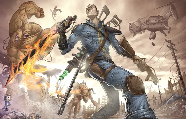 Картинка оружие, апокалипсис, монстр, бандиты, мужчина, руины, Fallout, мутант