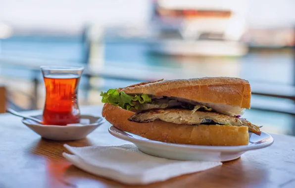 Fish, tea, turkey, sandwich